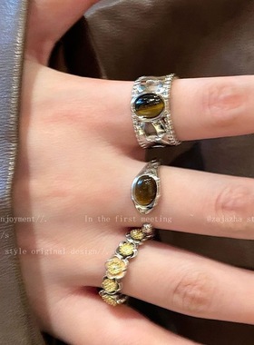 复古拉德虎眼石开口戒指女调节小众设计食指高级重工椭圆个性指环