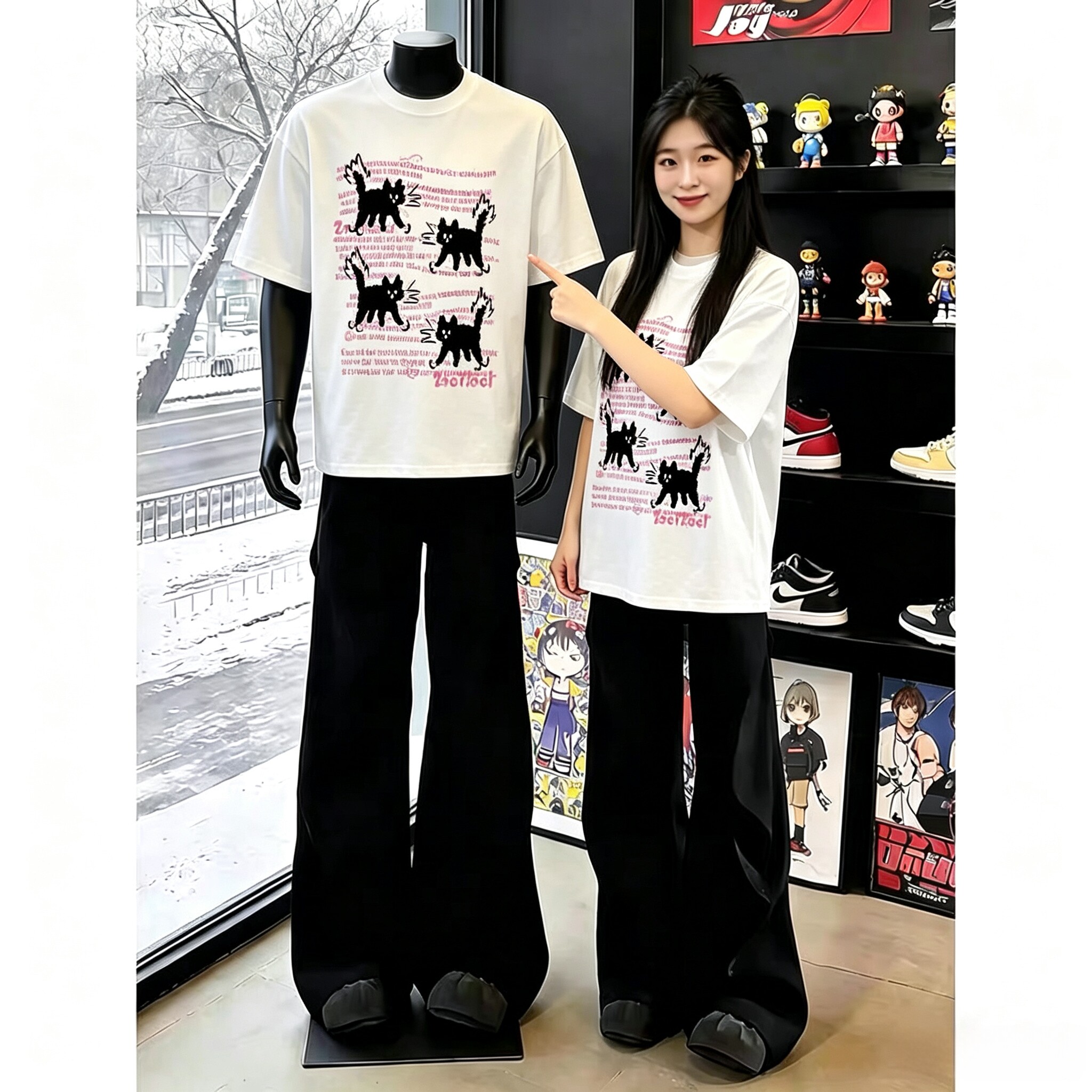 美式字母猫咪正肩纯棉短袖T恤男女小众设计感宽松百搭上衣情侣款