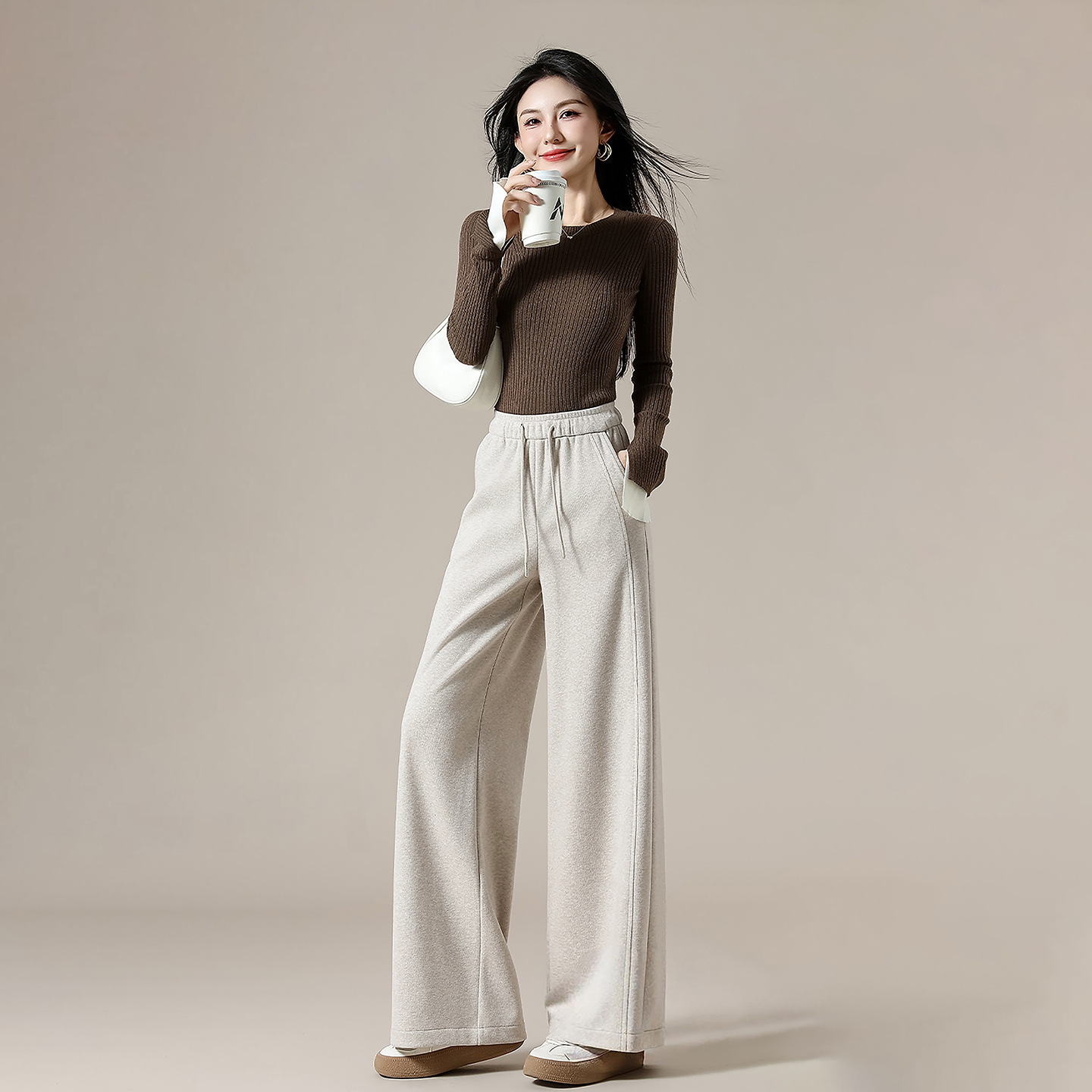 极简风高腰阔腿卫裤女