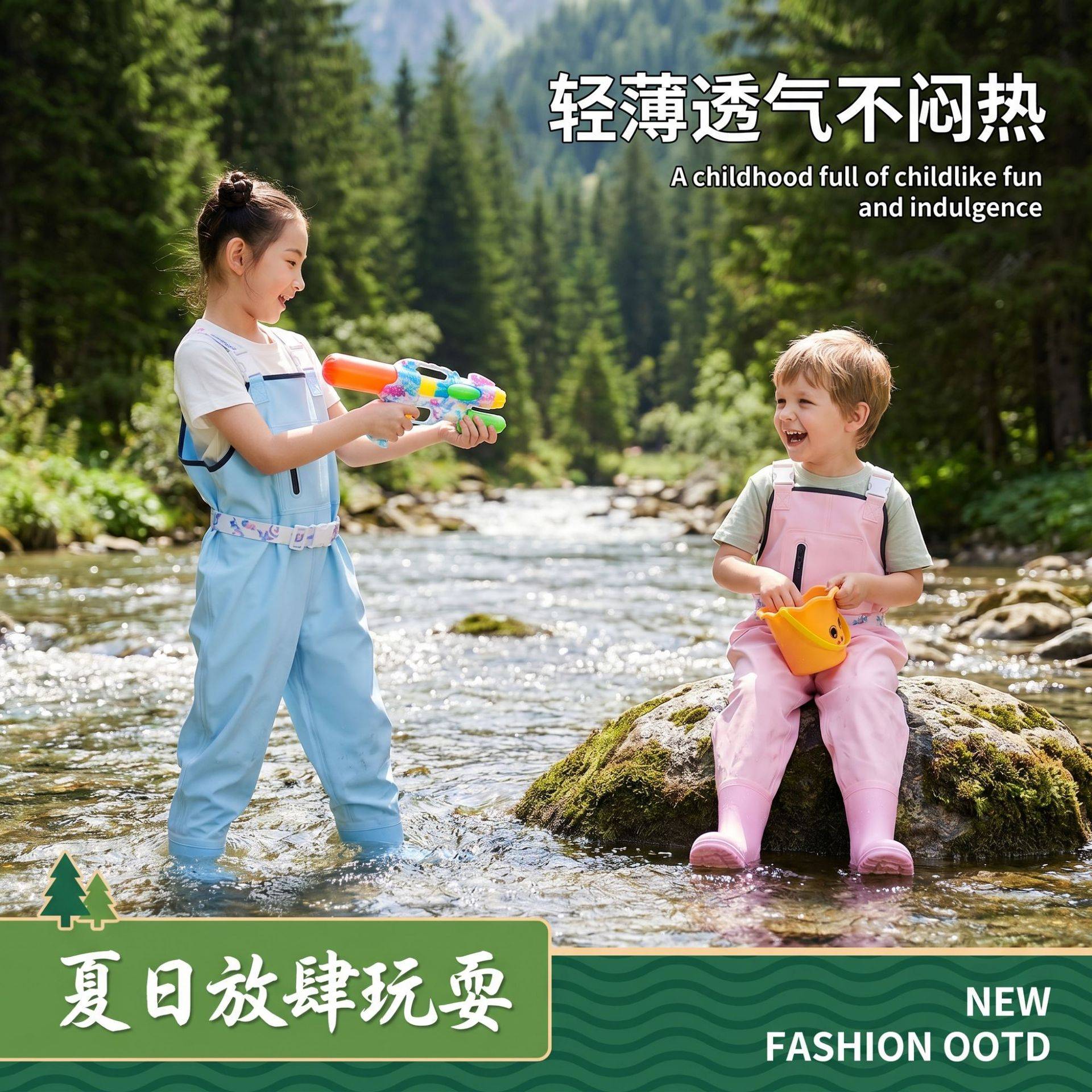 儿童下水裤玩水涉水幼儿园防水衣服赶海男女小孩雨鞋抓鱼雨裤沙滩