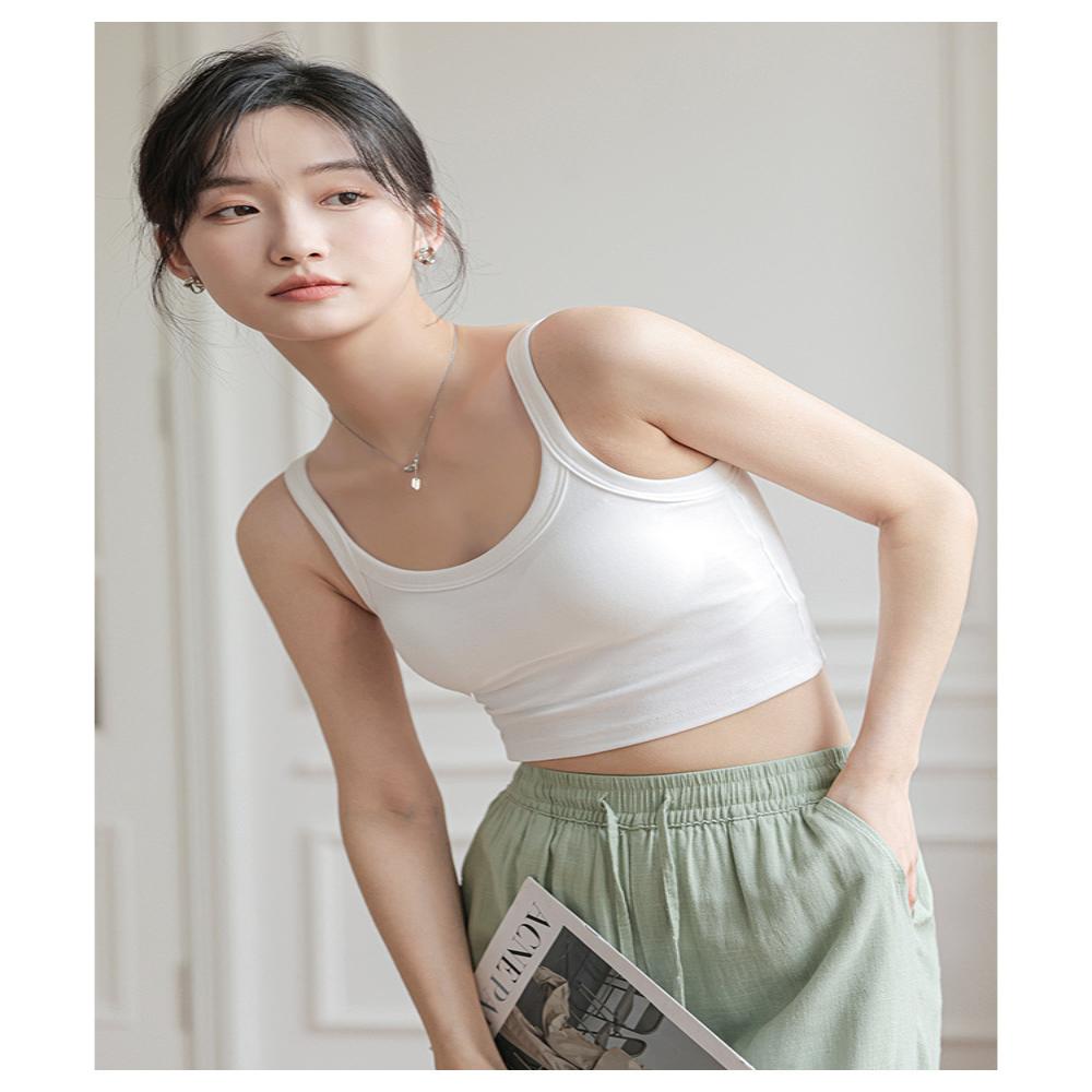 日系一体式纯棉吊带背心女带胸垫打底外穿运动美背纯色固定杯裹胸