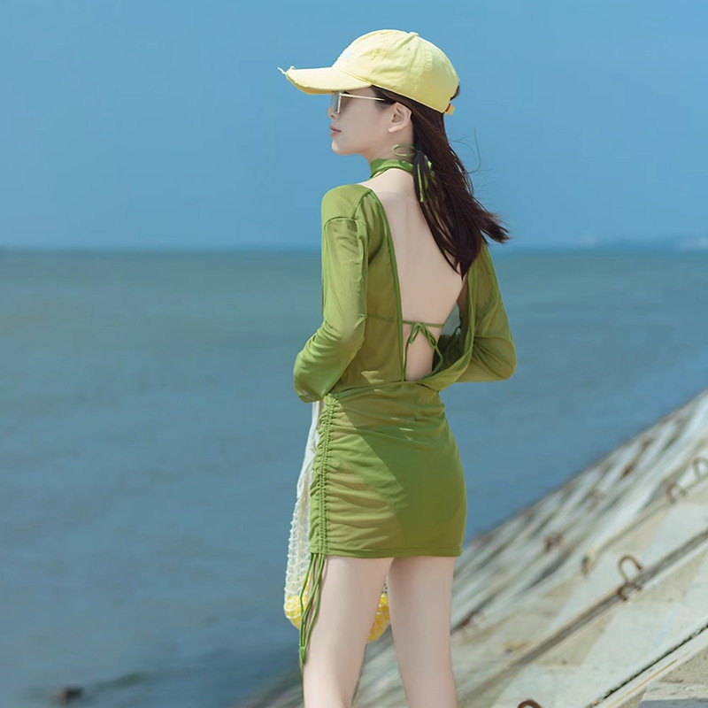 游泳衣女气质女神网纱防晒长袖系绳三点比基尼Bikini三件套高级感