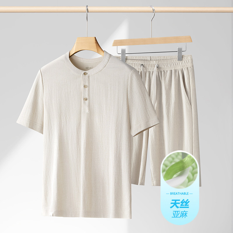 (天丝亚麻)夏季薄款高端男士透气套装休闲短袖短裤简约中年两件套