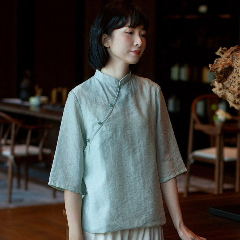 二喜禅意短款茶服上衣小个子夏