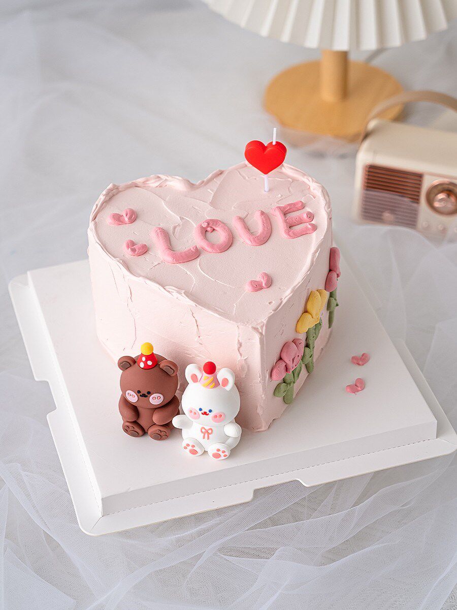 人节情心形蛋糕装饰软胶派对帽熊兔情侣摆件红色爱心蜡烛甜品装扮