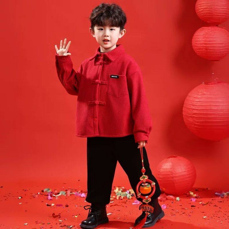 男童红色唐装衬衫宝宝加绒冬季新年喜庆衬衫儿童加厚过年拜年服