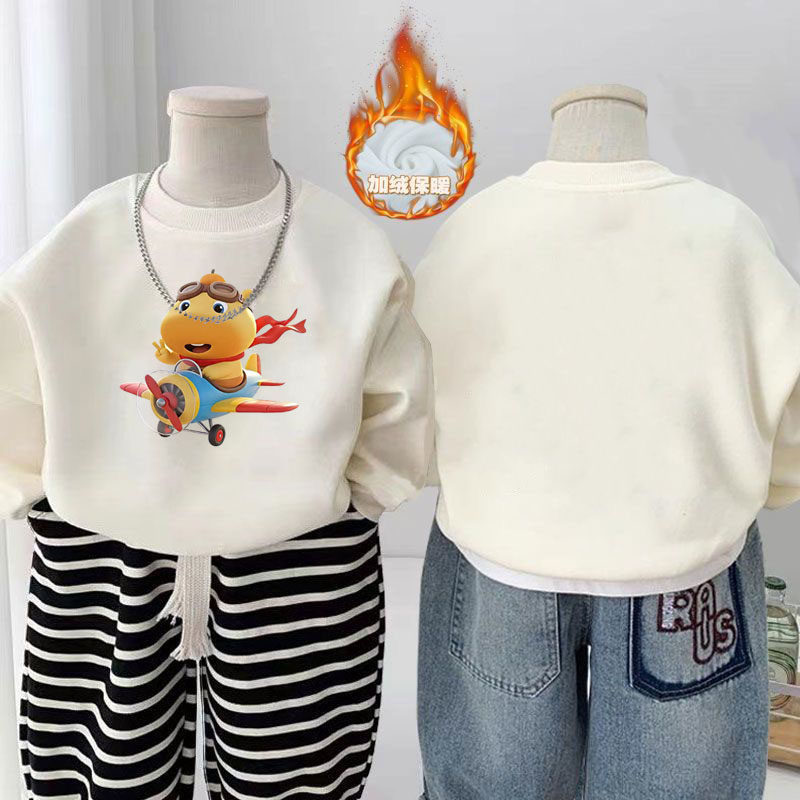 男童2026新款水豚噜噜卡通印花卫衣宝宝加绒加厚圆领红色百搭上衣