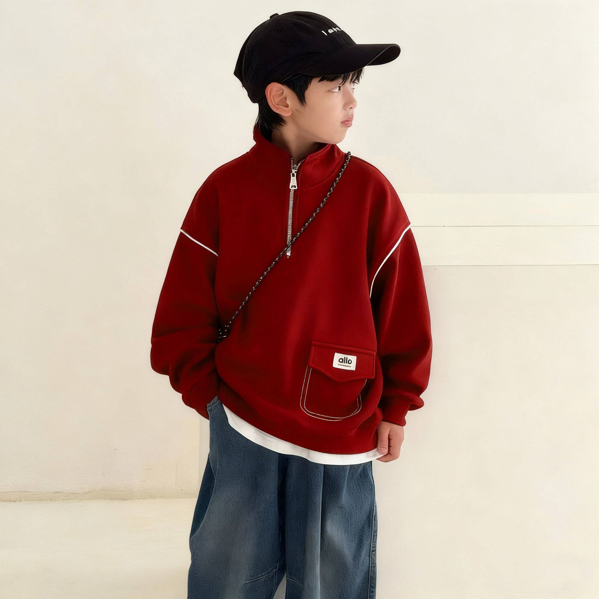 男童内搭上衣立领半拉链卫衣儿童冬季加绒加厚宽松中大童红色长袖