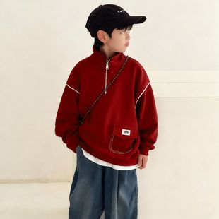 男童内搭上衣立领半拉链卫衣儿童冬季加绒加厚宽松中大童红色长袖