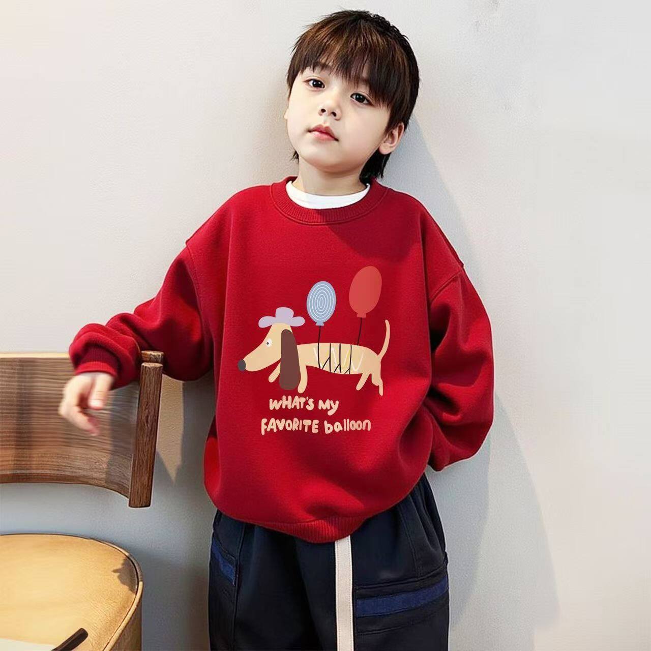 男童红色卡通印花加绒卫衣宝宝秋冬保暖长袖上衣儿童新款动物图案