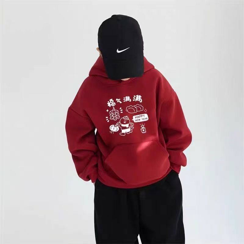 儿童新款红色过年卫衣宝宝加厚连帽上衣男童加绒帅气可爱套头衫