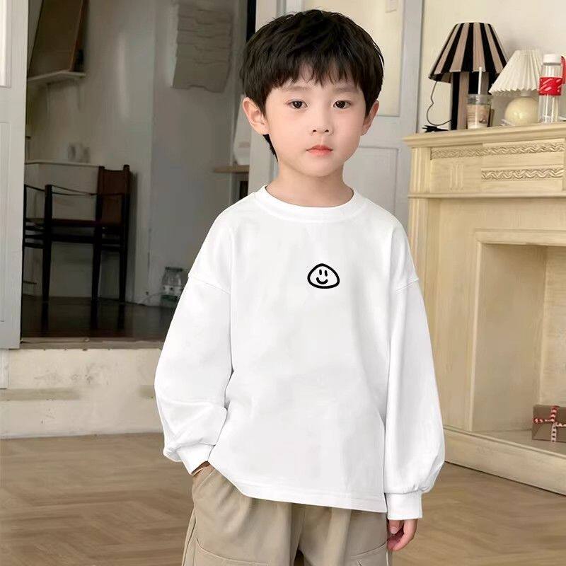 儿童2026新款白色长袖宝宝圆领时尚T恤男童笑脸印花上衣打底衫