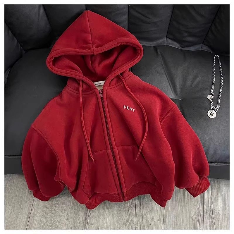 儿童红色加绒连帽卫衣男女童拉链加厚外套宝宝休闲百搭保暖上衣