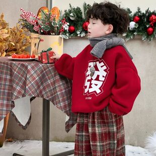 男童红色内搭上衣宝宝冬季加绒保暖卫衣儿童字母印花白色套头衫