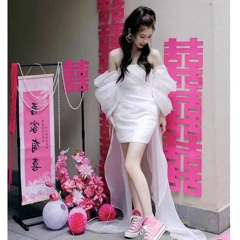 新中式晨袍敬酒服新娘结婚轻婚纱订婚礼服抹胸一字肩白色连衣裙夏