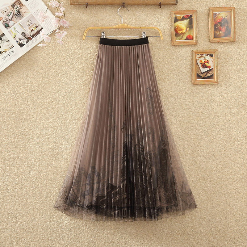 城堡水墨印花网纱半身裙女夏季新款中长款纱裙仙女裙子百褶裙长裙