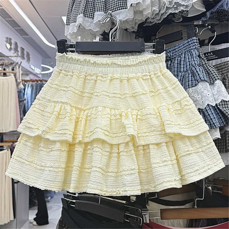 2026夏季新蕾丝拼接蛋糕裙女高腰显瘦A字短裙小个子防走光半身裙