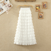2024春夏新款 高腰中长款 雪纺半身裙设计感层层荷叶边裙子蛋糕裙女