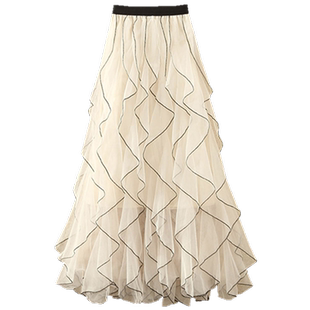 2024春夏新款波浪纹仙女网纱荷叶边裙子高腰A字大摆长裙女半身裙