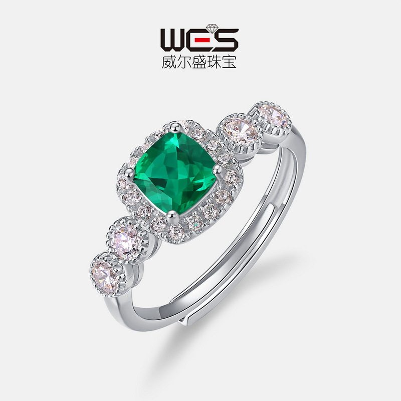 新款培育祖母绿戒指女高级感欧美风个性气质S925纯银戒指