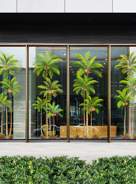 椰树林玻璃装饰贴膜夏天热带酒店展厅售楼处静电透明夏日场景气氛