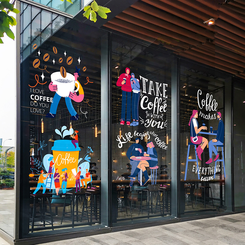 时尚咖啡店橱窗装饰玻璃贴纸网红餐厅创意插画coffee bar静电贴图片