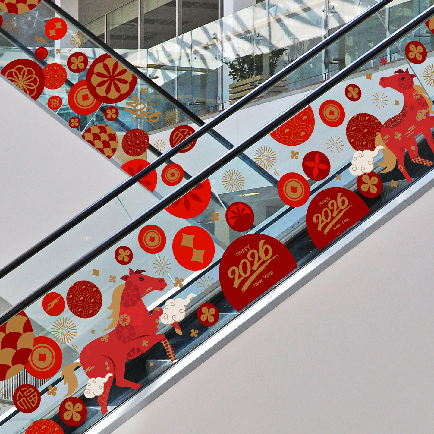 商场马年玻璃贴中国风喜庆吉祥元素2026购物中心自动扶梯电梯贴膜