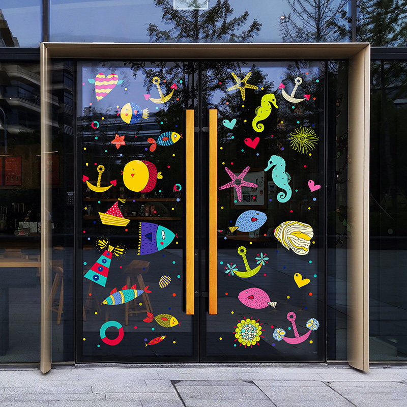 海底鱼群门贴水族馆海鲜餐厅门头布置幼儿园海洋主题卡通手绘静电