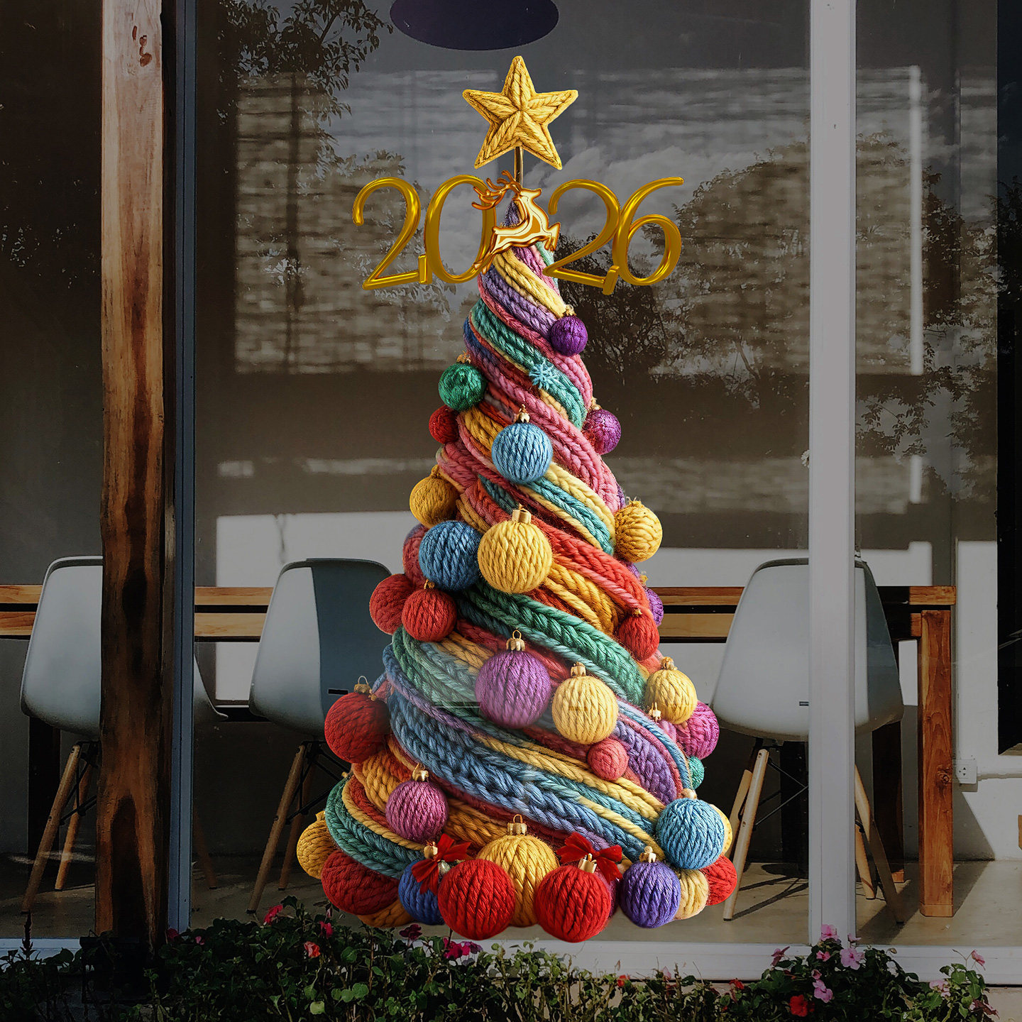 圣诞树毛线球风格窗花2026新年双旦装饰品美陈圣诞节创意氛围布置,节庆用品/礼品,圣诞装饰品,淘宝优惠券,粉丝福利购,淘宝优惠卷