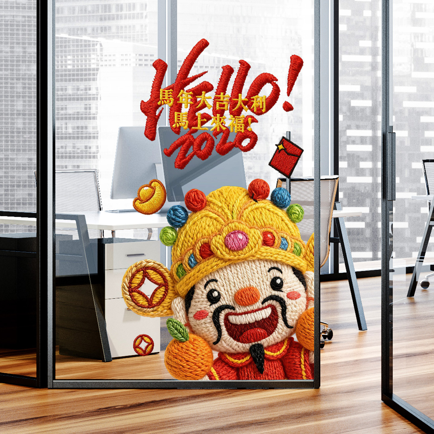 毛衣风格新年财神爷静电玻璃贴