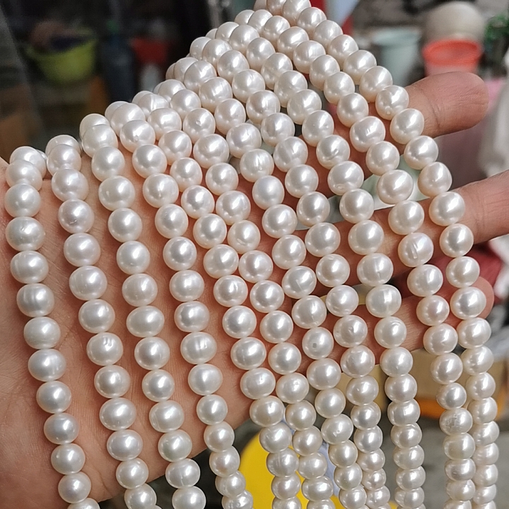 8-9mm冲头鸡蛋圆珠天然淡水珍珠散珠项链半成品一条 39公分长