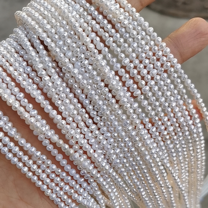 3-4mm冲头圆白亮天然淡水珍珠散珠项链半成品一条 高性价比