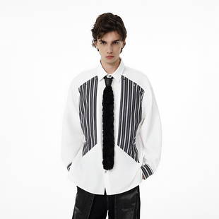WARNINGLIGHT 黑白解构拼接条纹可拆卸双色高级设计款衬衫长袖