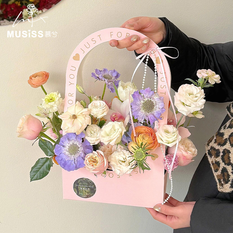 简约手提花盒鲜花插花束花篮小提篮手提包装盒鲜花包装花艺材料