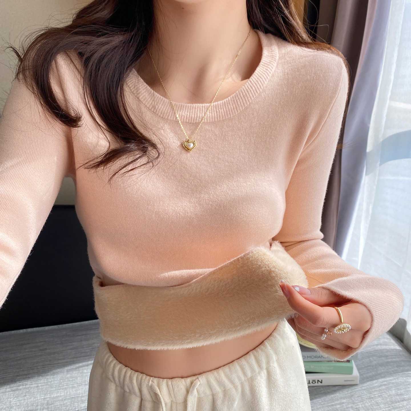 粉色加绒加厚保暖打底衫女内搭2025年新款秋冬季慵懒毛衣针织上衣