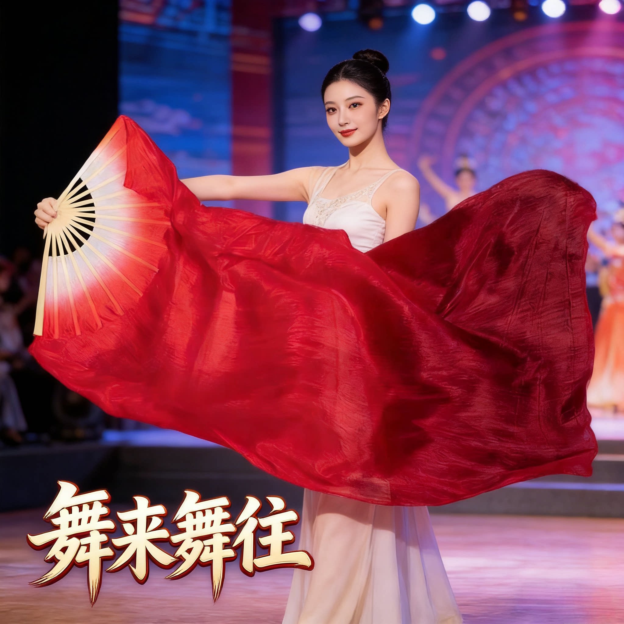 真丝酒红渐变万疆双面长绸舞蹈扇