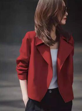 ROUMIKL休闲风红色翻领夹克短款外套女2025新款秋季又酷又飒气质