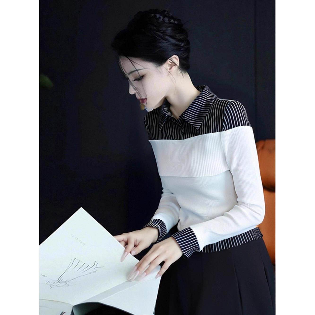 ROUMIKL优雅风翻领假两件拼接T恤长袖秋季新款小个子紧身显身材单