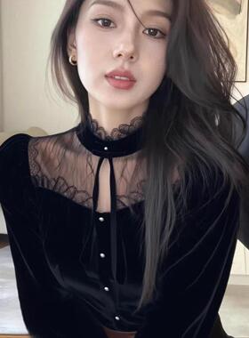 ROUMIKL轻熟风黑色蕾丝拼接丝绒衬衫女款秋季新款法式气质名媛叠