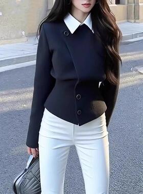 ROUMIKL轻熟风黑色翻领短外套女款新款早秋季高级感气质名媛高腰