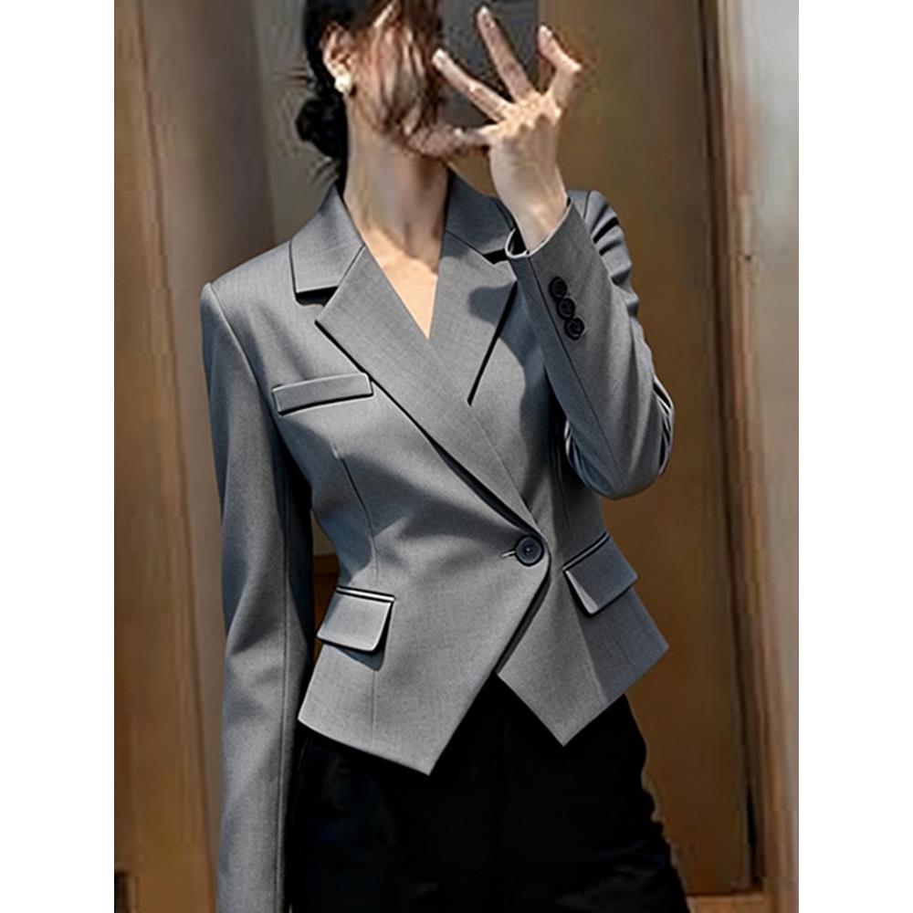 ROUMIKL知性风灰色一粒扣西装外套女秋季新款短款掐腰轻职业通勤