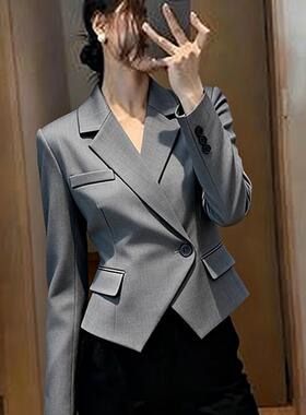 ROUMIKL知性风灰色一粒扣西装外套女秋季新款短款掐腰轻职业通勤