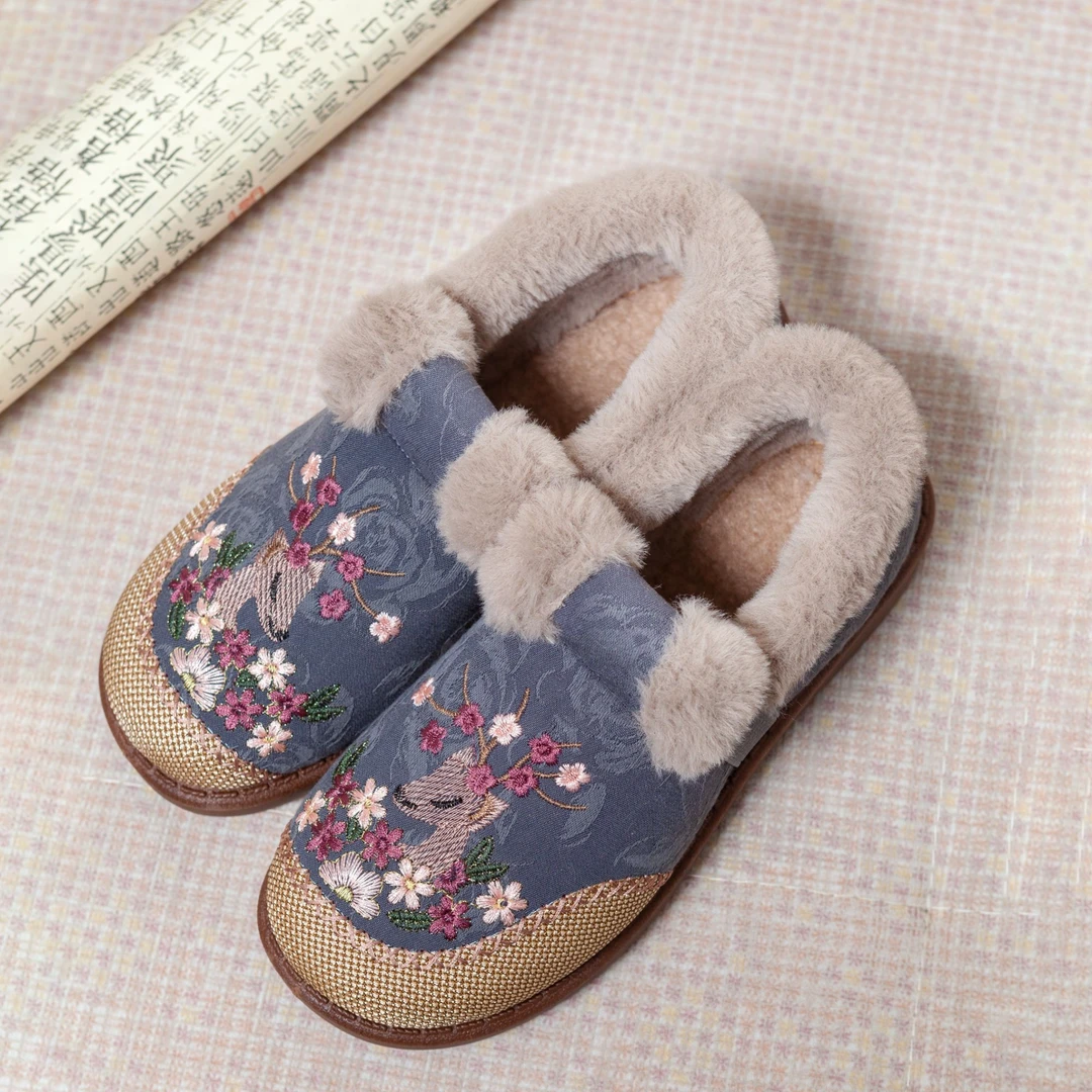 老北京布鞋女冬季加绒加厚棉鞋绣花民族风妈妈鞋中老年保暖一脚蹬