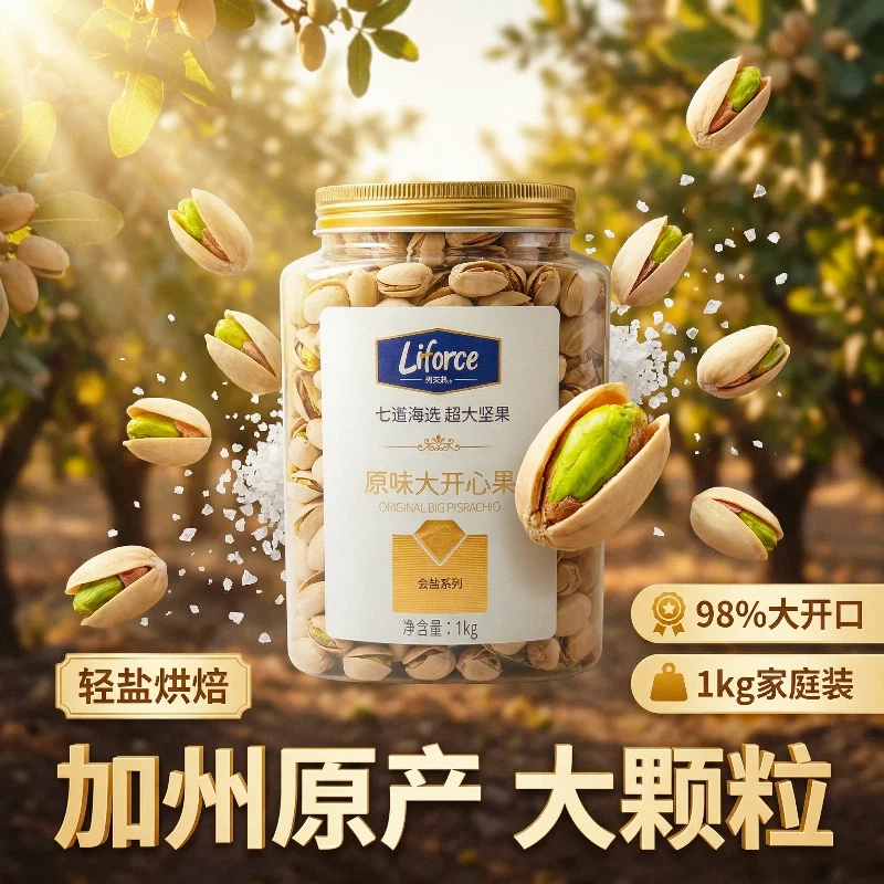 列夫PLUS大开心果淡盐味原产美国大颗粒原色原香不漂白罐装1000g