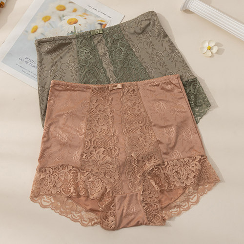 大码高腰收腹真丝提花蕾丝内裤女