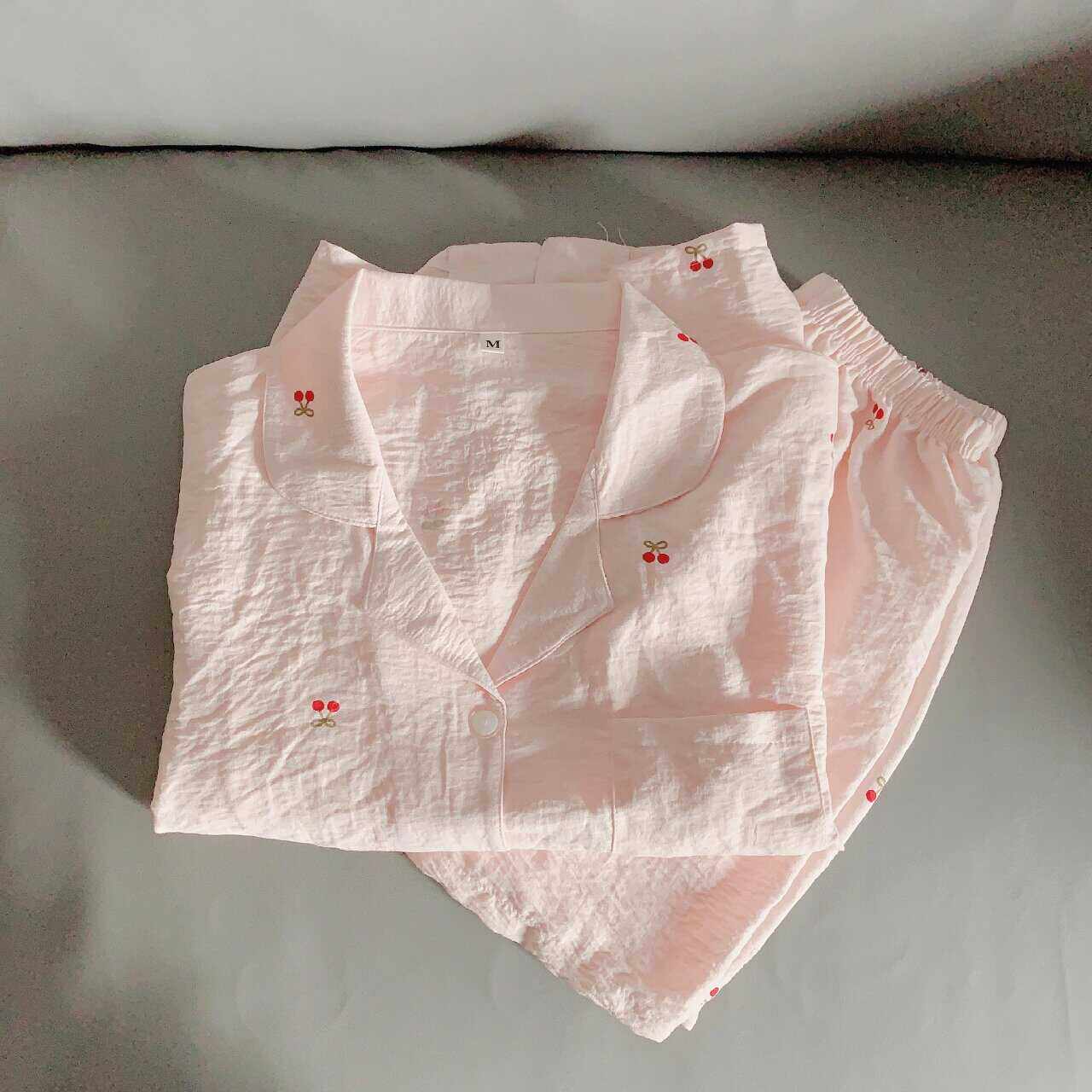 少女粉色樱桃睡衣女夏季开衫短袖短裤套装学生宿舍薄款休闲家居服