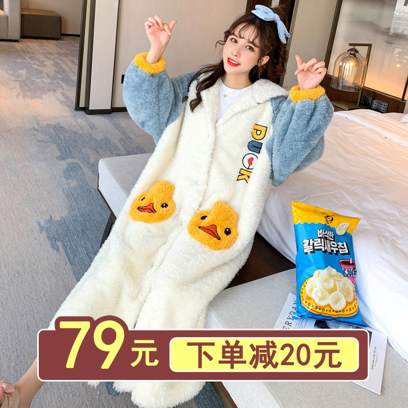 睡衣女士秋冬季珊瑚绒加厚加绒长款睡袍可爱冬天睡裙法兰绒家居服