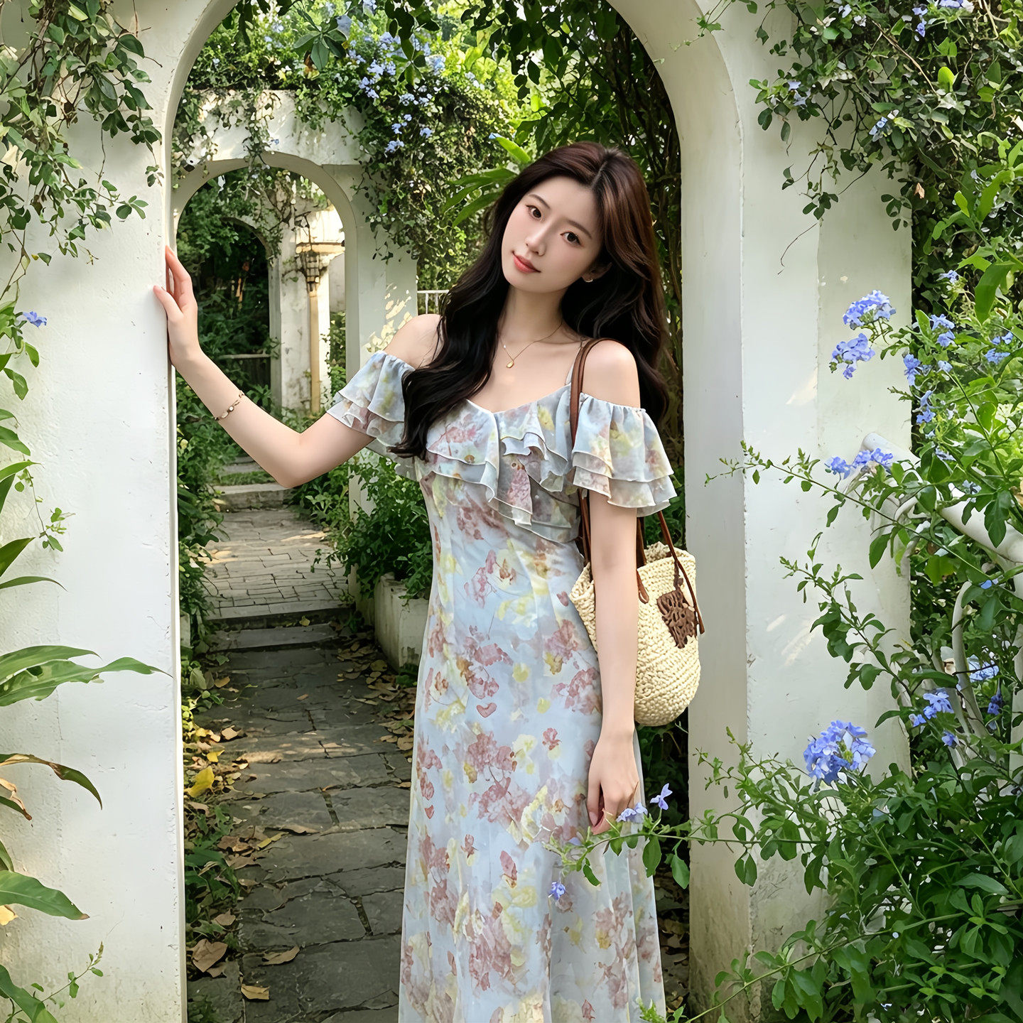 【海盐汽水】浪漫荷叶边碎花连衣裙女夏季纯欲一字肩收腰显瘦长裙