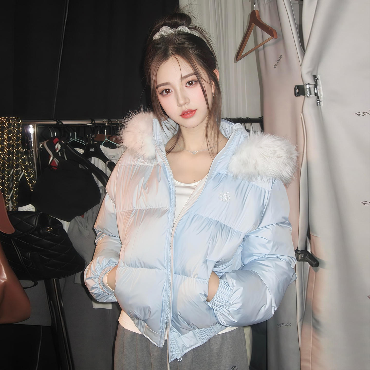 大毛领小个子宽松显瘦羽绒棉服