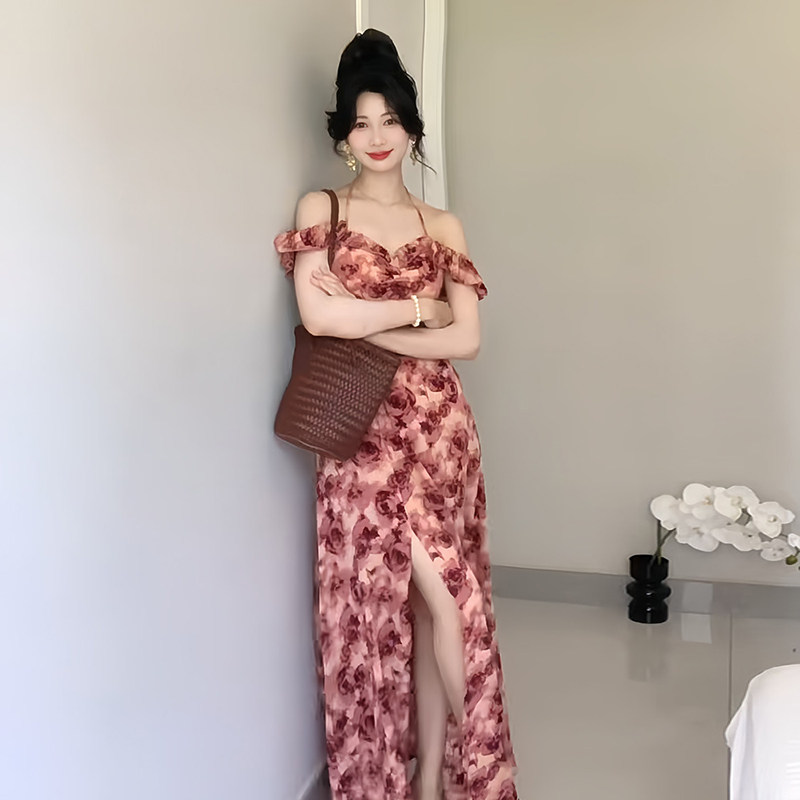 高级感茶歇碎花裙子女夏季新款法式气质绝美收腰显瘦开叉连衣裙潮